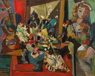 un tableau représentant une femme assise devant un miroir