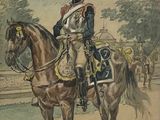 tableau représentant un homme en uniforme à cheval dans un parc