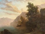 tableau représentant un bateau sur un plan d'eau, avec des montagnes en arrière-plan