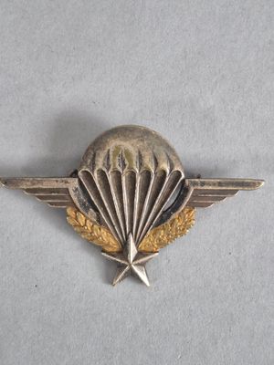 une image représentant une broche en argent et en or sur laquelle figure un parachute