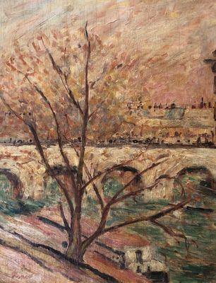 an image of a painting of a bridge over a river