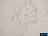 drawing of a woman in a bonnet with her hands on her chest