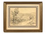 un dessin représentant un paysage avec des arbres et des collines en arrière-plan