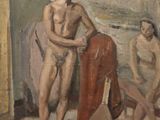 a painting of a man standing next to a woman