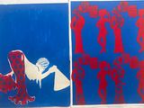 two blue and red paintings with red figures on them