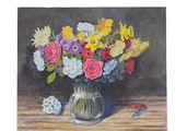 a painting of a vase of flowers on a table