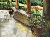 une peinture représentant une terrasse avec une table et des chaises