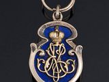 a close up of a silver and blue medal on a black surface