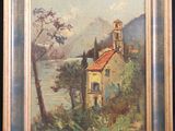 an oil painting of a church on a hill overlooking a lake