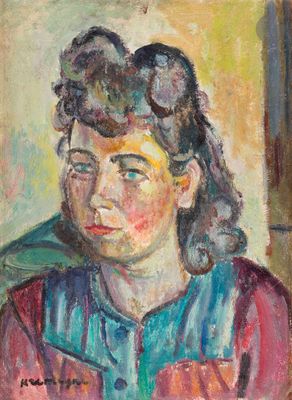 a painting of a woman in a red shirt and blue shirt