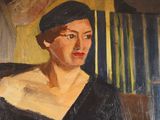 painting of a woman in a black dress and a black hat