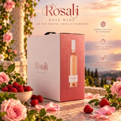 une bouteille de vin rosé à côté d'un bol de fraises et de roses