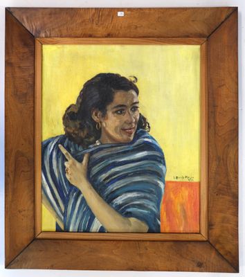 painting of a woman wrapped in a blue and white striped shawl