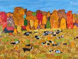 un tableau représentant des vaches dans un champ, avec des arbres en arrière-plan