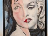 tableau représentant le visage d'une femme, sur lequel est peint la moitié de son visage