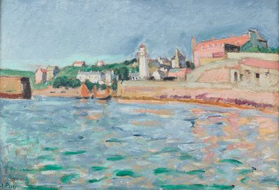 une image représentant un tableau d'une ville au bord d'un plan d'eau