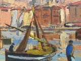 a painting of a man standing next to a boat on the water