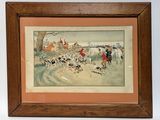 painting of a group of people riding horses and dogs in a snowy landscape