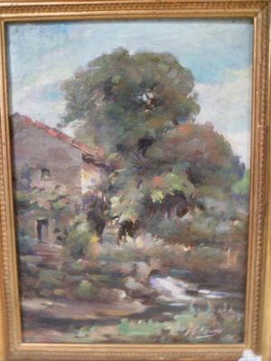 une image d'une peinture représentant une maison et un ruisseau dans un champ