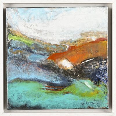 une peinture représentant un paysage avec des montagnes et un ciel en arrière-plan
