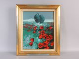 painting of a elephant in a field of red poppies in a gold frame