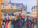 an oil painting of a crowd of people at an outdoor fair
