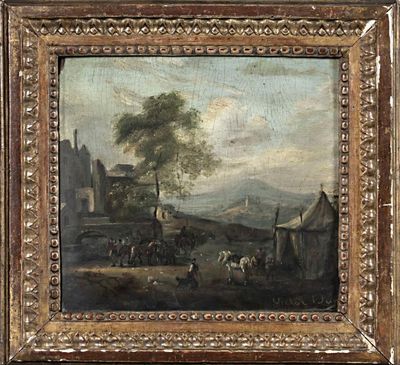 peinture à l'huile d'une scène de village avec une voiture à cheval