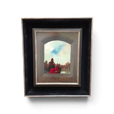 painting of a woman in a red dress sitting on a red chair