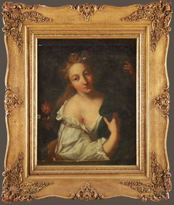 a painting of a woman in a white dress holding a flower