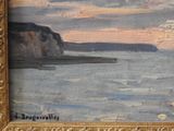 painting of a sunset over a body of water with a boat in the distance