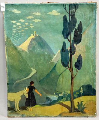 une image représentant un tableau où l'on voit une femme et un chien dans un champ