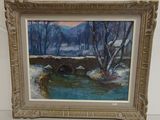 une photo d'un tableau représentant un pont sous la neige