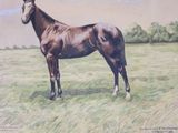 a painting of a horse standing in a field