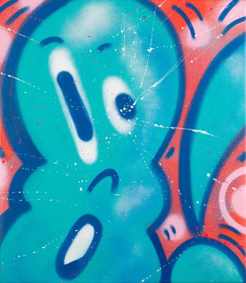 a painting of a blue cartoon character on a red wall