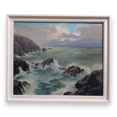 an oil painting of a rocky coast with a boat in the distance