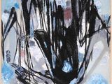 painting of a black and white painting of a tree with a blue sky in the background
