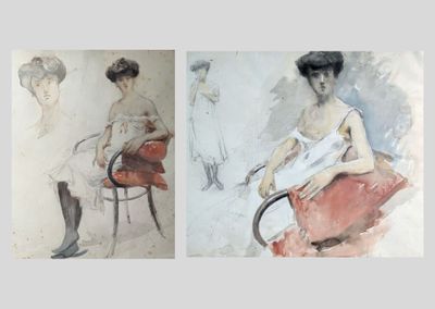 deux tableaux représentant une femme assise sur une chaise et un tableau représentant une femme assise sur une chaise