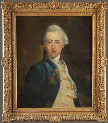 an old painting of a man in a blue coat and white shirt