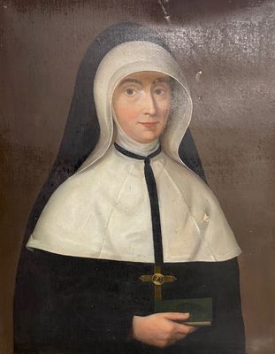 painting of a nun holding a book and a cross