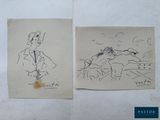 two drawings of a man in a suit and a woman in a dress