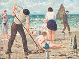 un tableau représentant des personnes sur la plage en train de jouer dans le sable