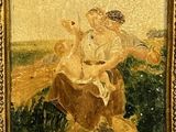 painting of a woman sitting on a rock in a field