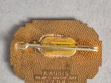 a gold brooch with a pin on it sitting on a piece of cloth