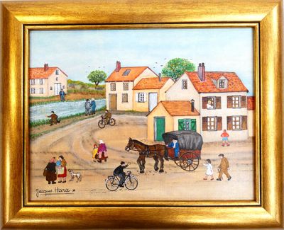 tableau représentant une calèche tirée par des chevaux dans un village, avec des personnages et des animaux