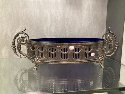 a glass display case with a blue bowl on it