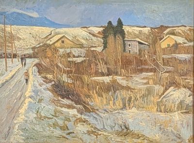 painting of a snow covered road with houses and a person walking on it