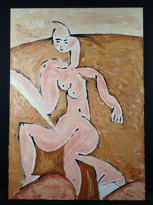 a painting of a nude woman sitting on a couch