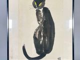 tableau représentant un chat noir aux yeux jaunes, assis sur un rebord