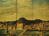 quatre panneaux d'un tableau représentant un port avec des bateaux sur l'eau