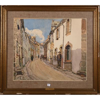 une peinture à l'huile représentant une scène de rue avec des personnes marchant dans la rue